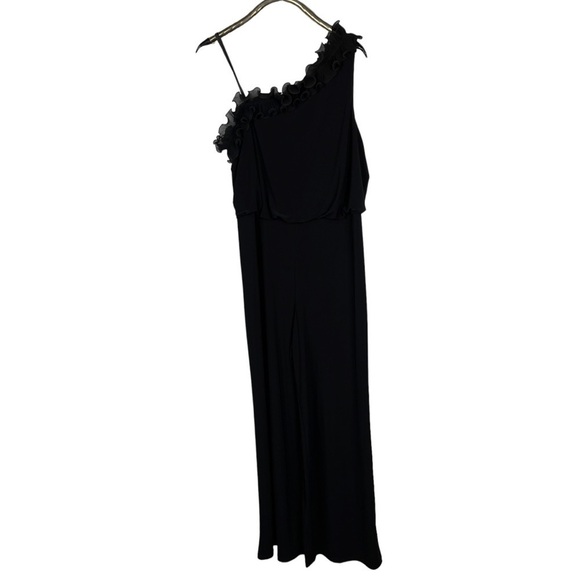 ADRIANNA PAPELL RUFFLE ONE SHOULDER BLOUSON WIDE LEG BLACK JERSEY JUMPSUIT - Picture 3 of 16